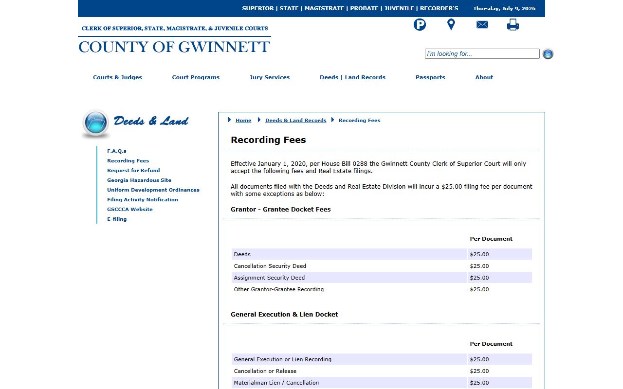 Gwinnett County Clerk of Court records land record fee schedule