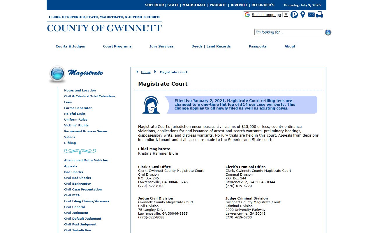 Gwinnett County court records Magistrate Court page