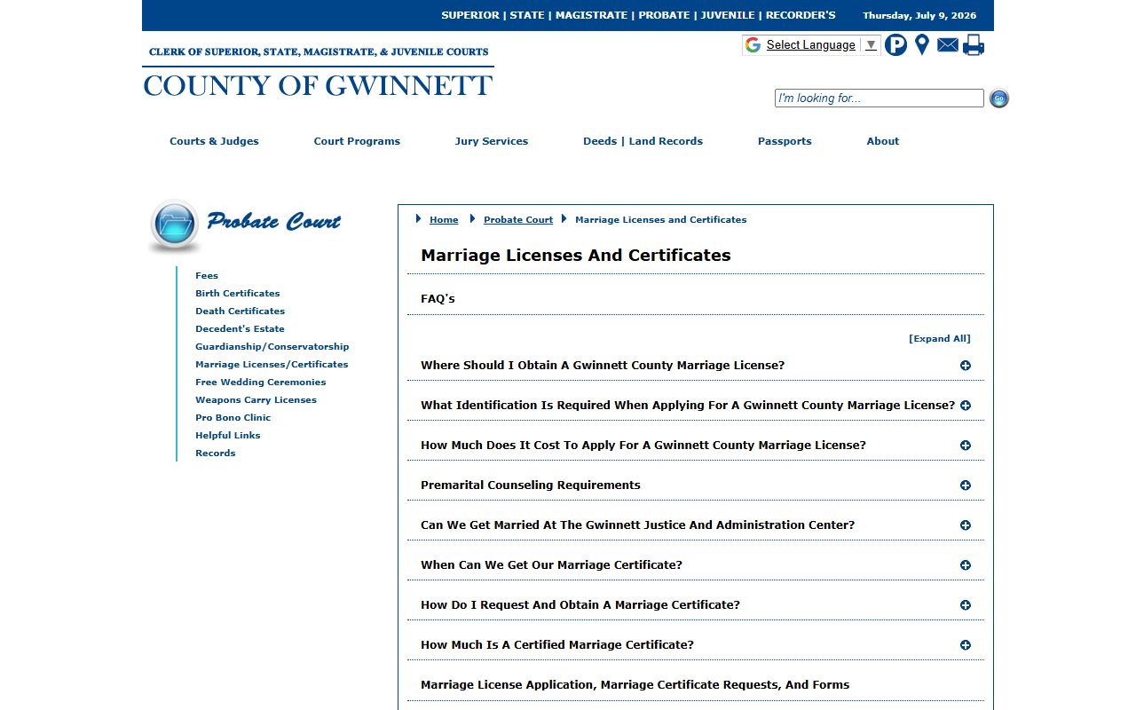 Gwinnett County marriage records Probate Court license and certificate page