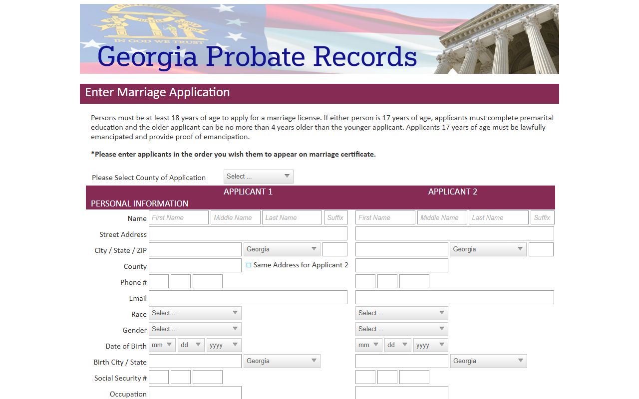 Gwinnett County marriage records Georgia Probate Records application form