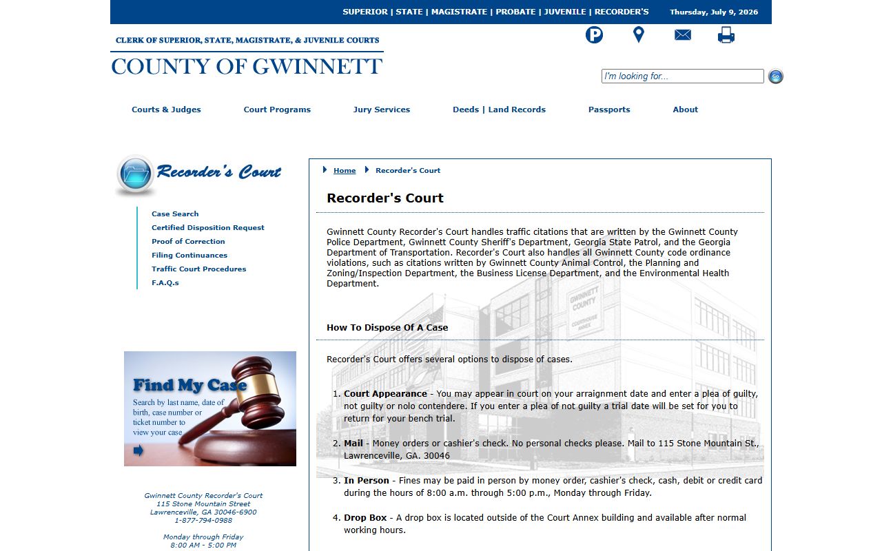 Gwinnett County traffic court records Recorder's Court page